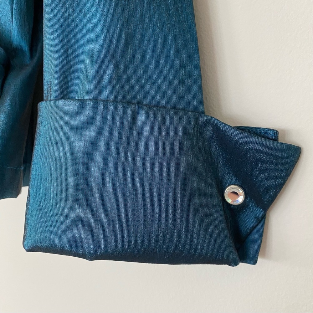 Vintage Tadashi Two-Piece Set Sz 4 Teal Satin Skirt Blouse Wedding Event 90s Y2K - Picture 4 of 16